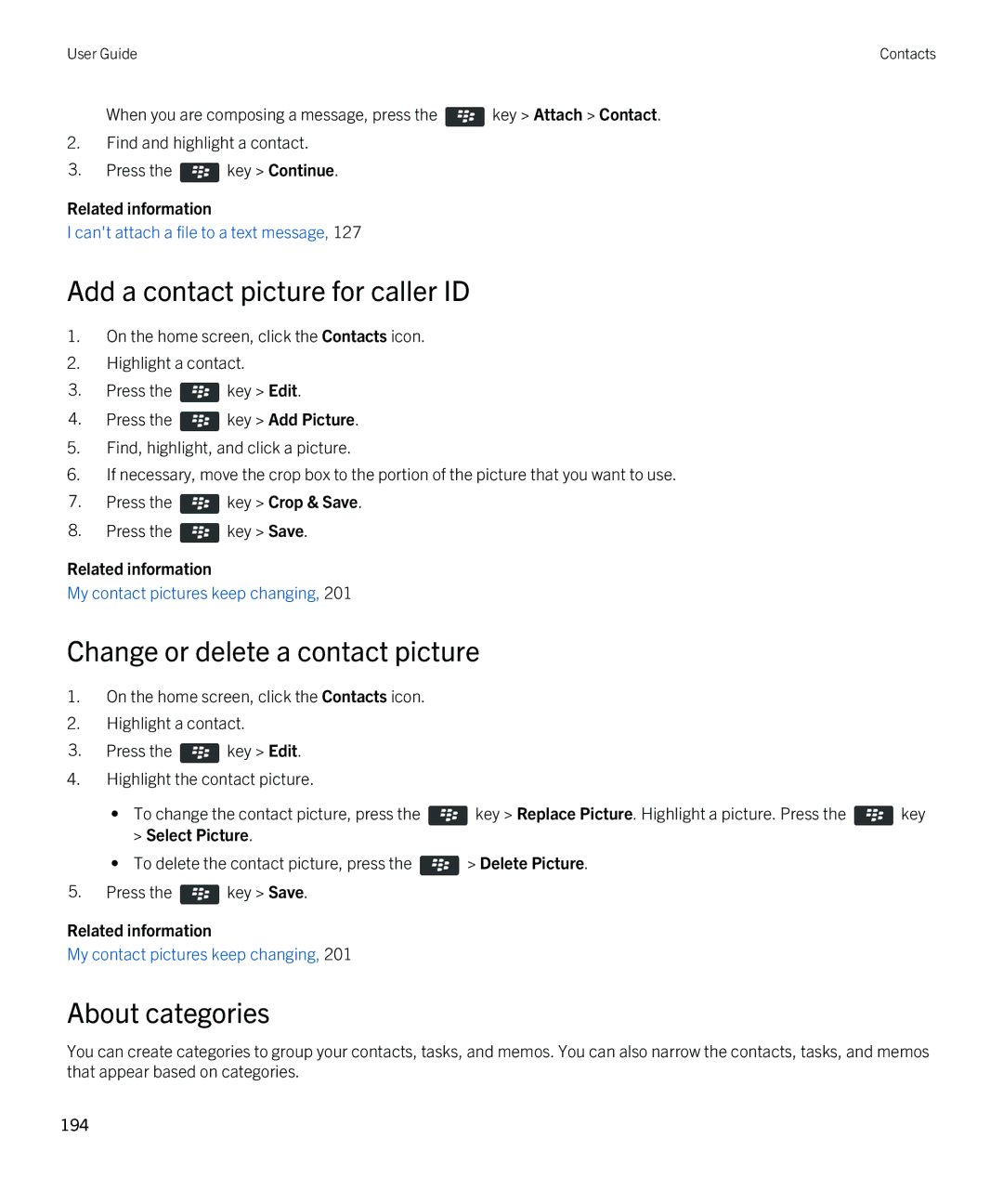 Blackberry REX41GW manual Add a contact picture for caller ID, Change or delete a contact picture, About categories 