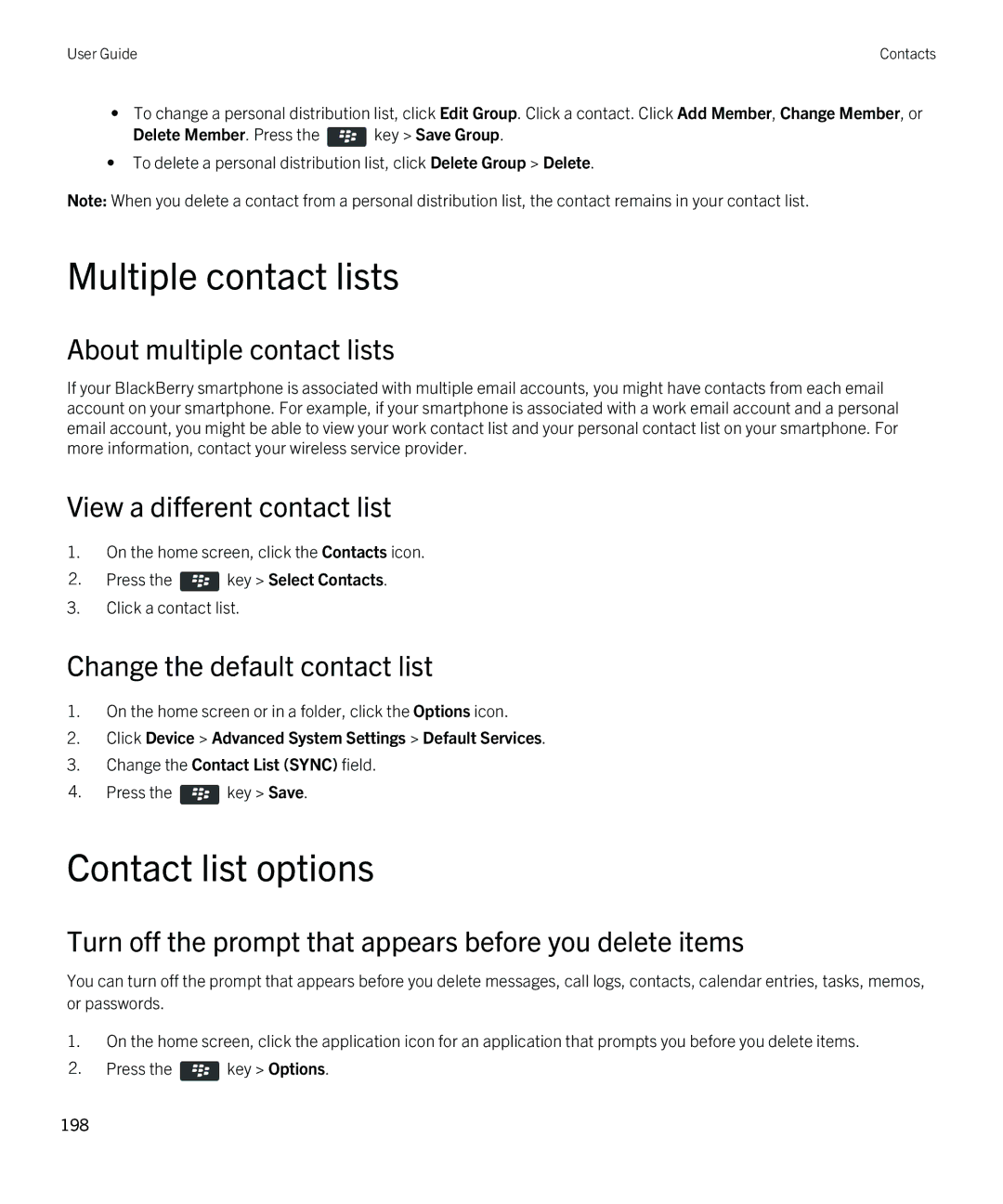 Blackberry REX41GW manual Multiple contact lists, Contact list options, About multiple contact lists 