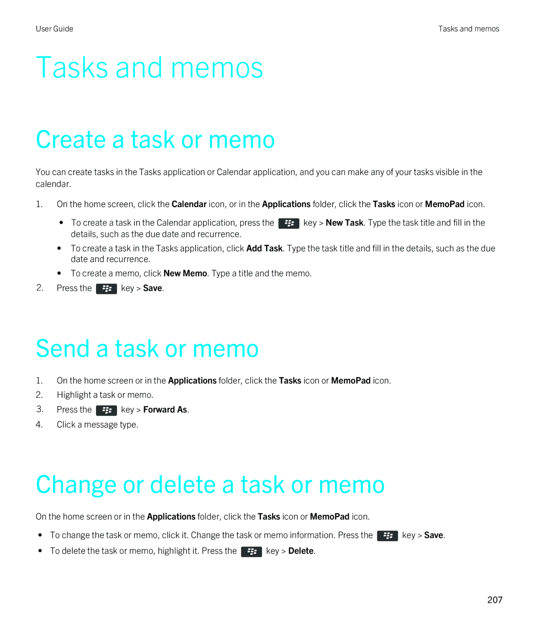 Blackberry REX41GW manual Tasks and memos, Create a task or memo, Send a task or memo, Change or delete a task or memo 