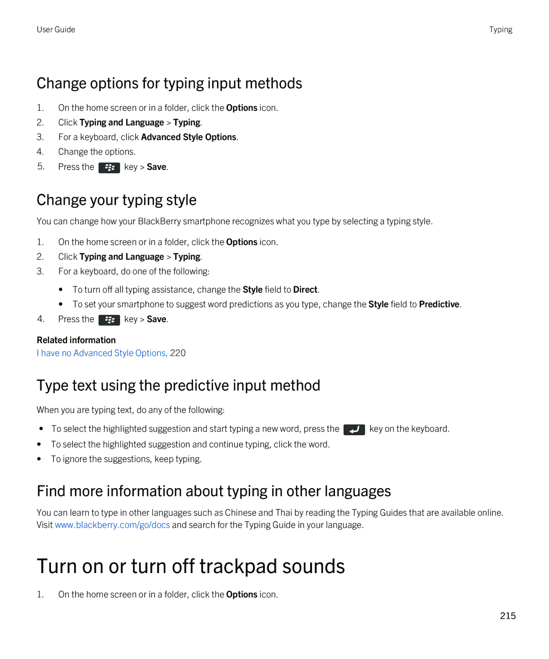 Blackberry REX41GW Turn on or turn off trackpad sounds, Change options for typing input methods, Change your typing style 