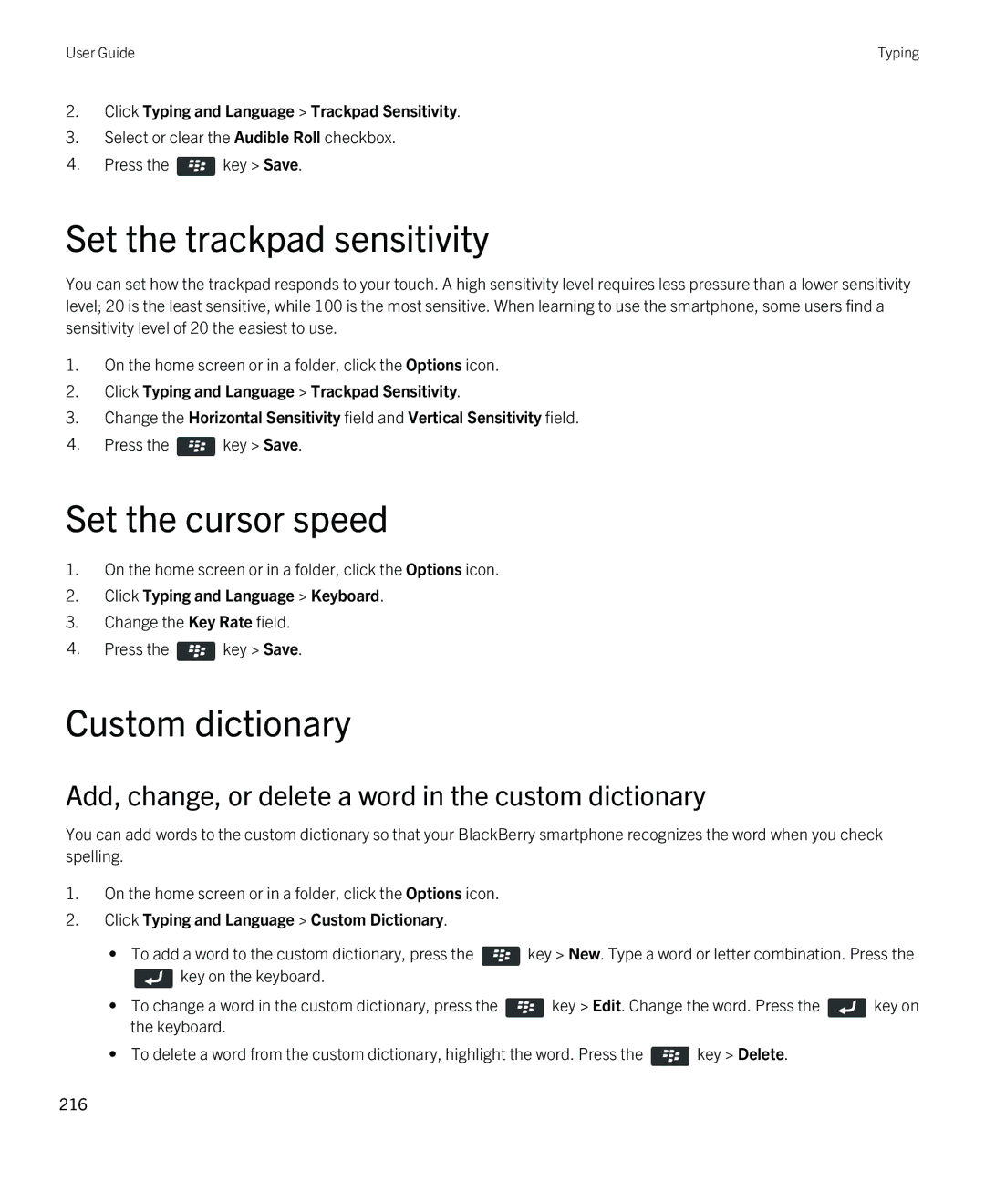 Blackberry REX41GW manual Set the trackpad sensitivity, Set the cursor speed, Custom dictionary 