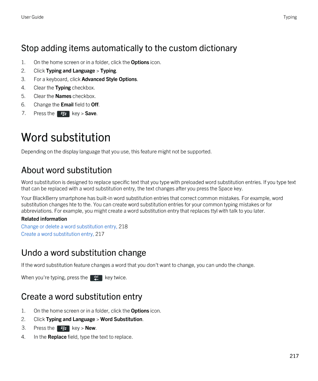 Blackberry REX41GW Word substitution, Stop adding items automatically to the custom dictionary, About word substitution 