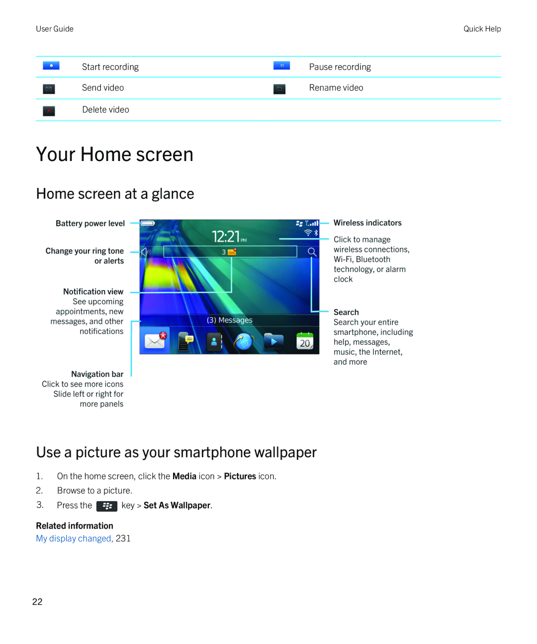 Blackberry REX41GW manual Your Home screen, Related information 