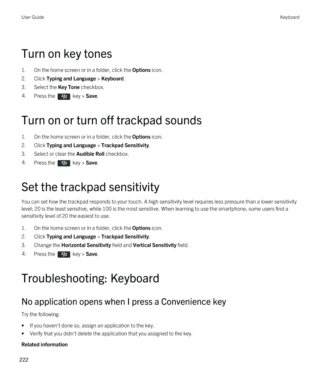 Blackberry REX41GW manual Turn on key tones, Troubleshooting Keyboard, No application opens when I press a Convenience key 