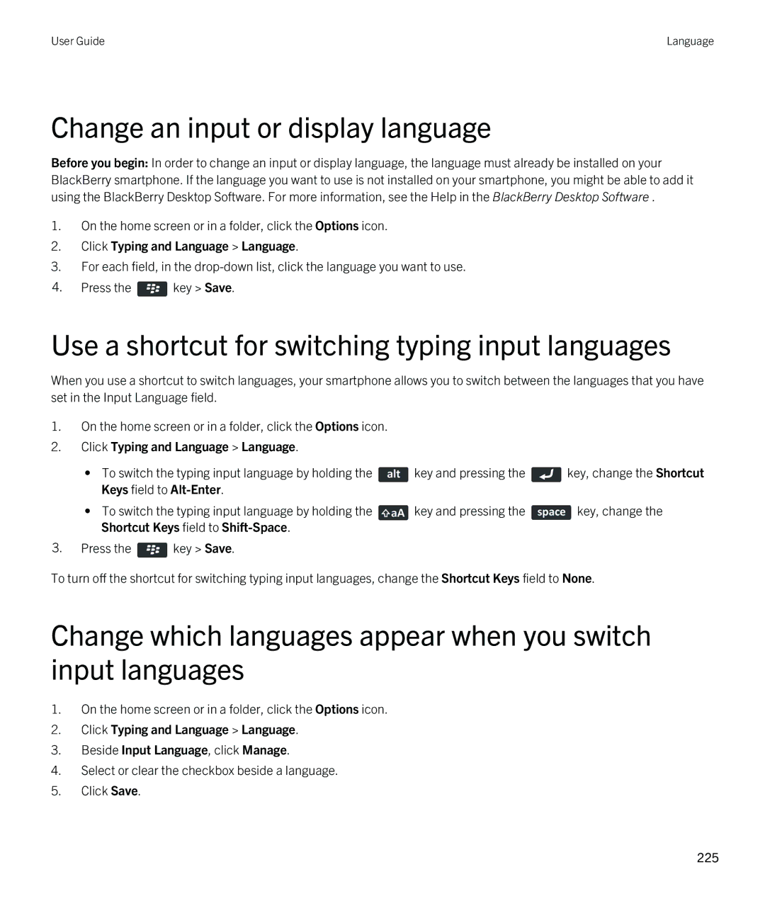 Blackberry REX41GW manual Change an input or display language, Use a shortcut for switching typing input languages 