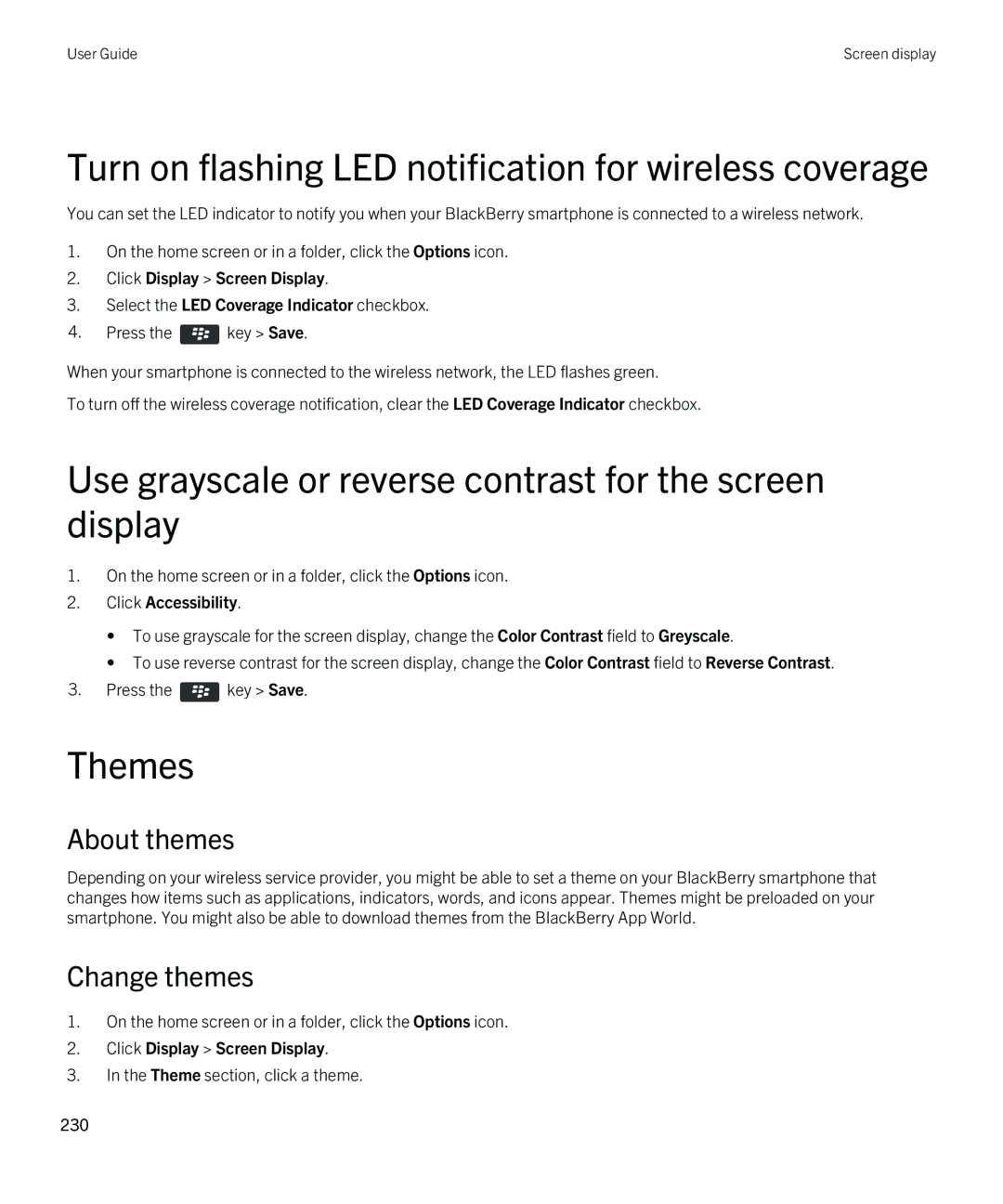 Blackberry REX41GW manual Turn on flashing LED notification for wireless coverage, Themes, About themes 