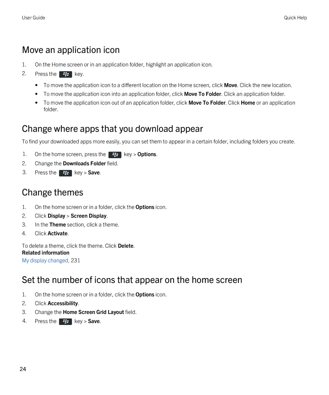 Blackberry REX41GW manual Move an application icon, Change where apps that you download appear, Change themes 