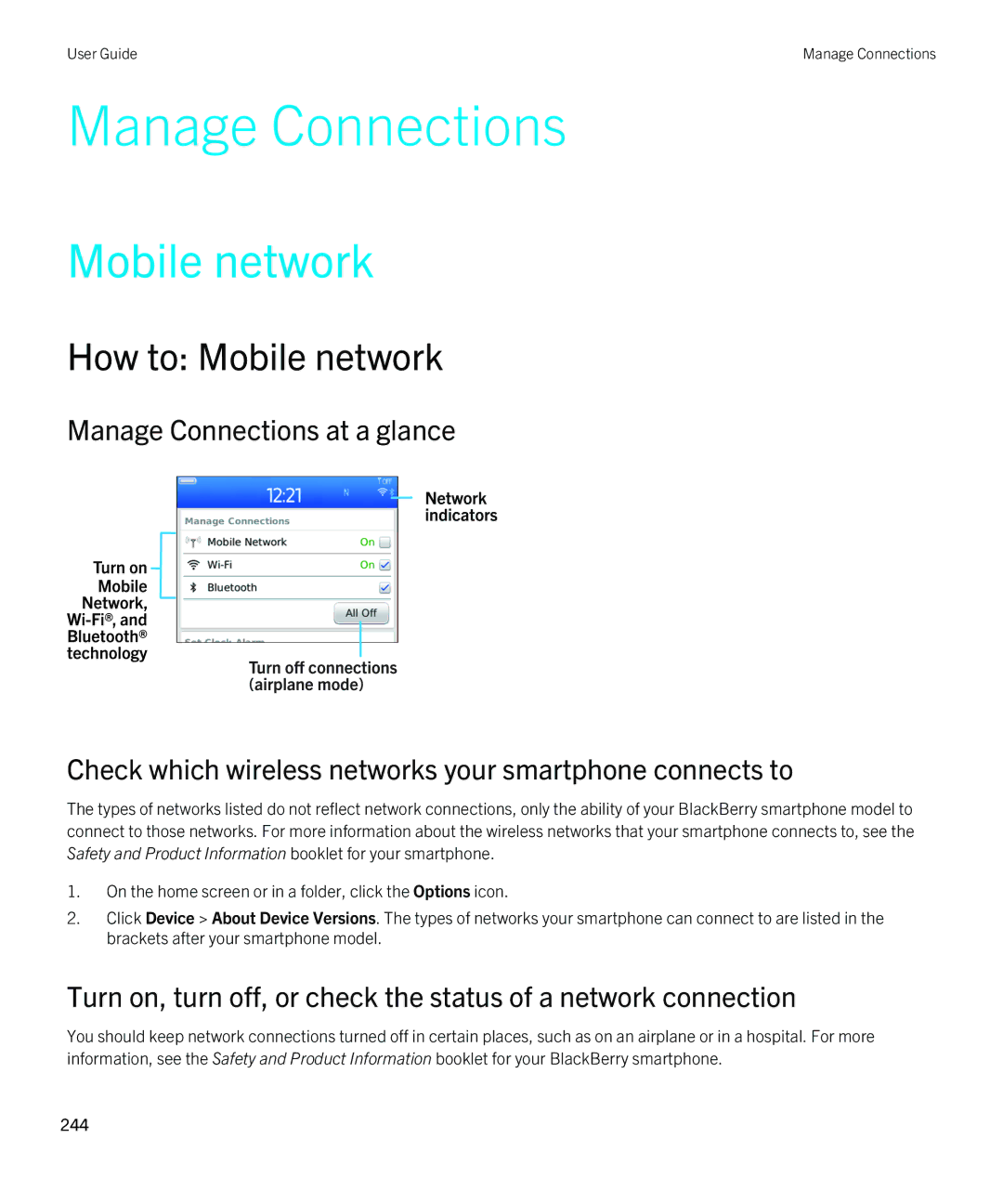 Blackberry REX41GW manual Manage Connections, How to Mobile network 