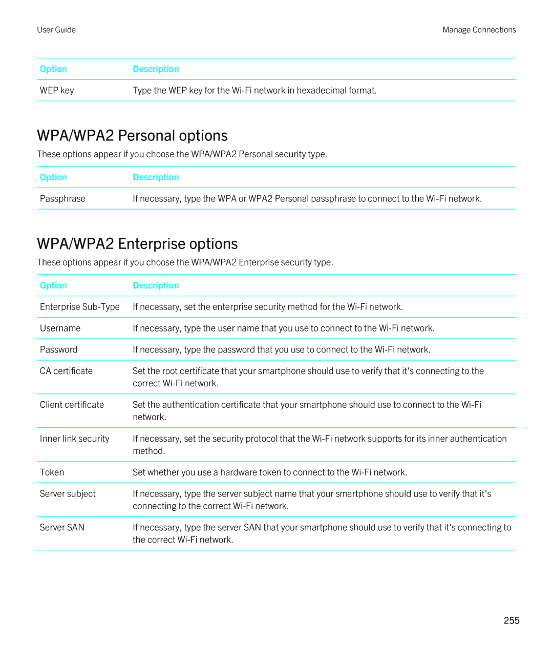 Blackberry REX41GW manual WPA/WPA2 Personal options, WPA/WPA2 Enterprise options 