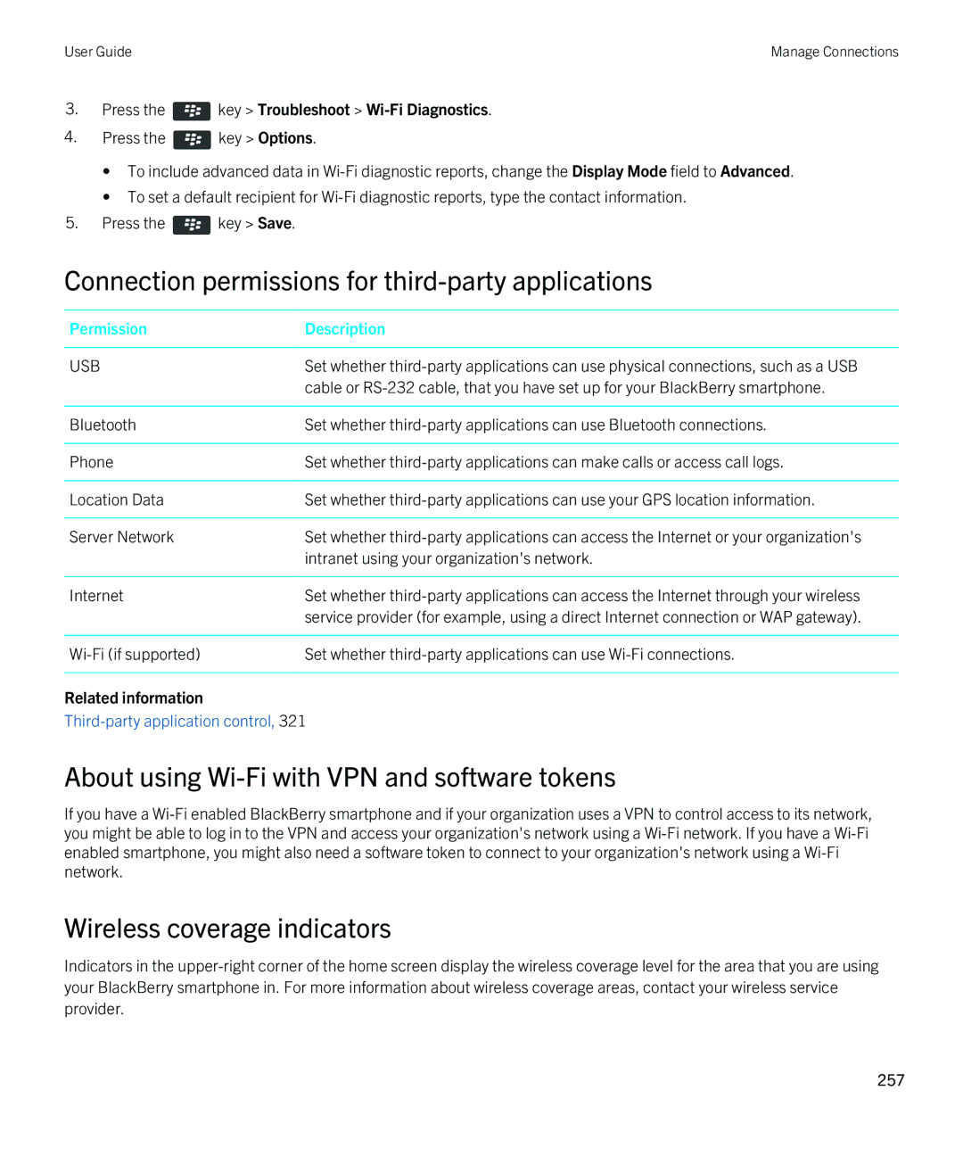 Blackberry REX41GW Connection permissions for third-party applications, About using Wi-Fi with VPN and software tokens 