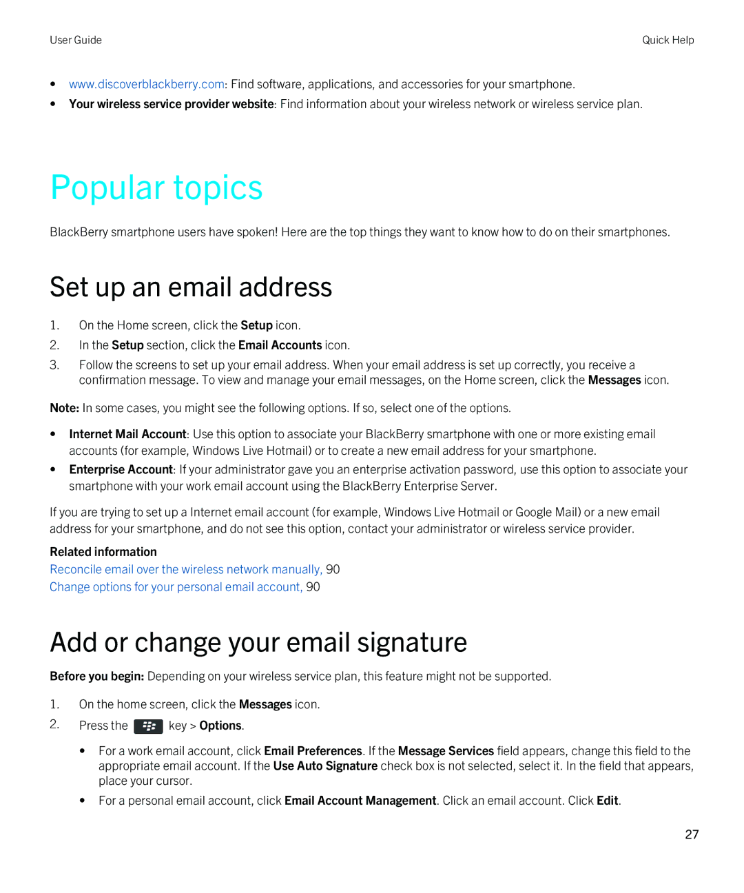 Blackberry REX41GW manual Popular topics, Set up an email address, Add or change your email signature 