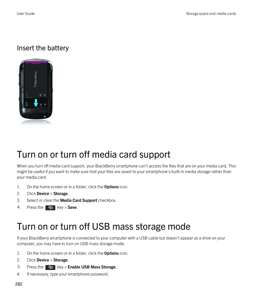 Blackberry REX41GW manual Turn on or turn off media card support, Turn on or turn off USB mass storage mode 