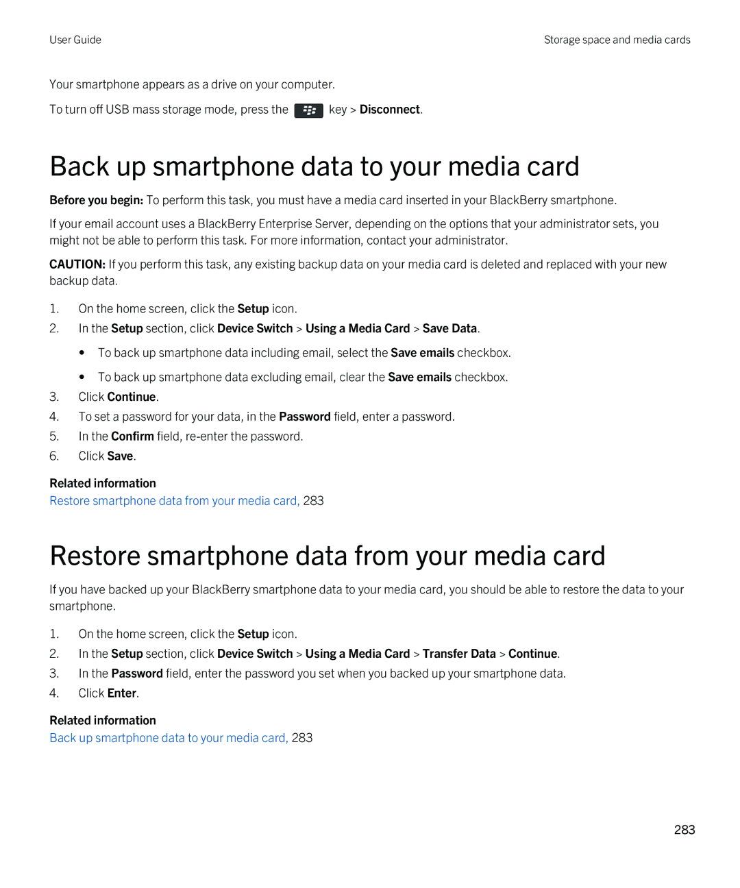 Blackberry REX41GW manual Back up smartphone data to your media card, Restore smartphone data from your media card 