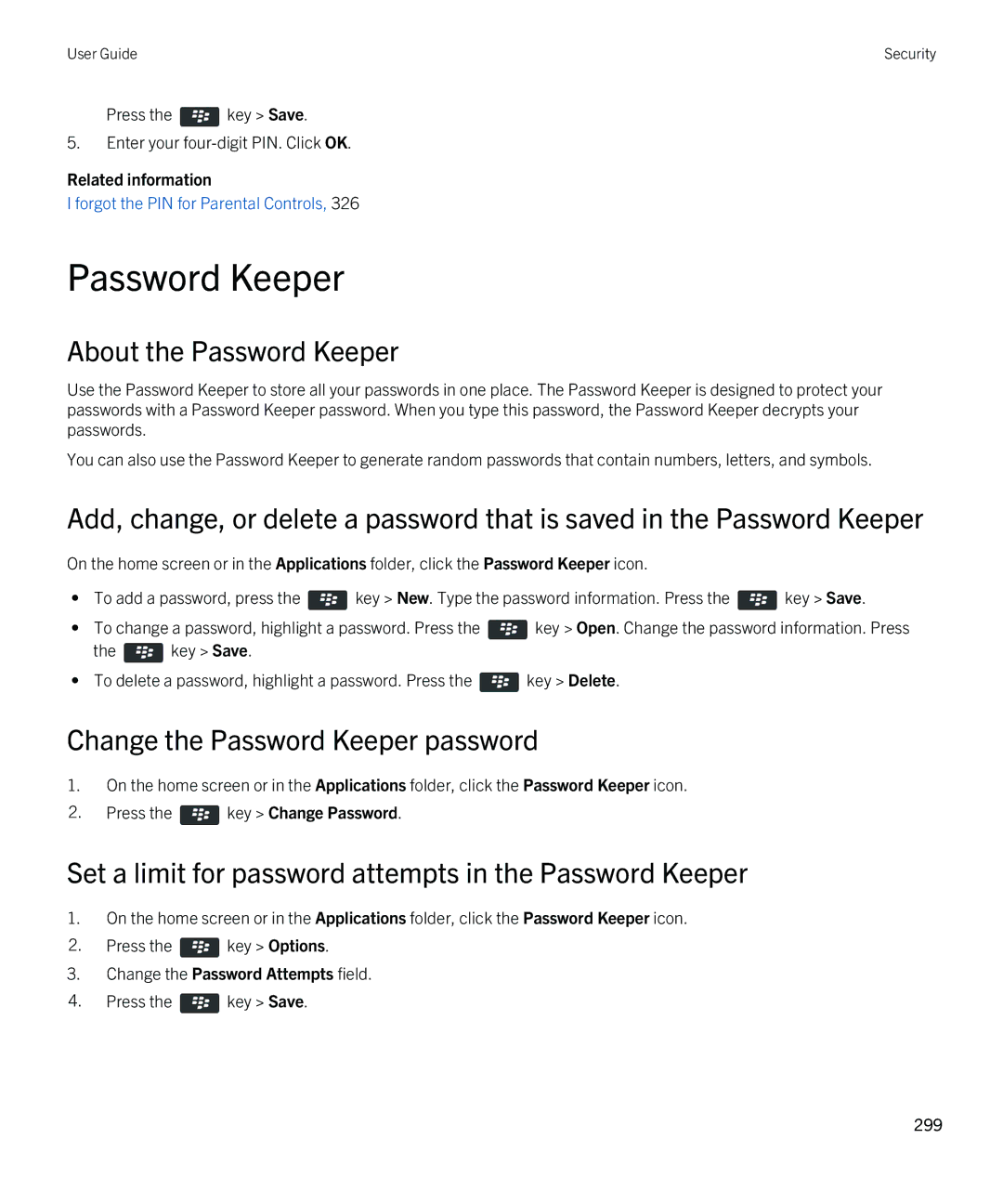 Blackberry REX41GW About the Password Keeper, Change the Password Keeper password, Change the Password Attempts field 