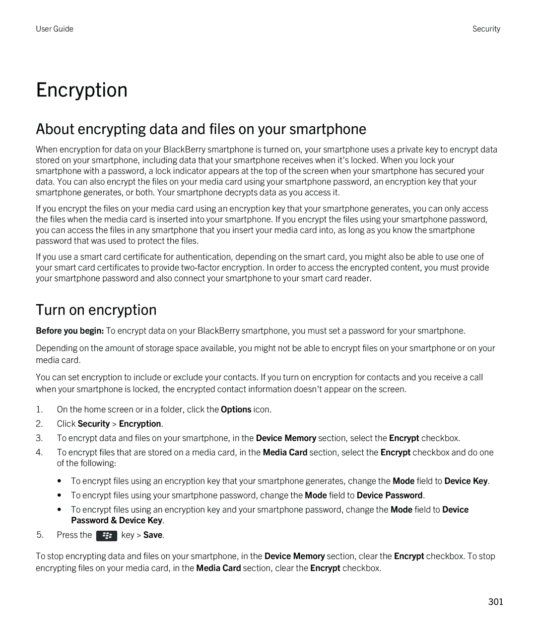 Blackberry REX41GW manual Encryption, About encrypting data and files on your smartphone, Turn on encryption 