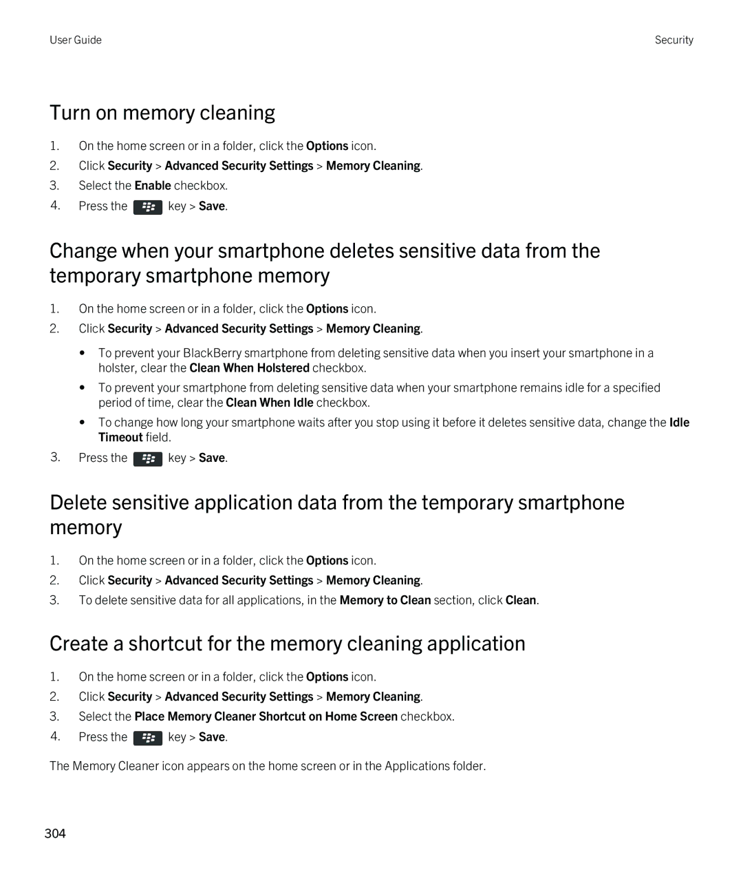 Blackberry REX41GW manual Turn on memory cleaning, Create a shortcut for the memory cleaning application 