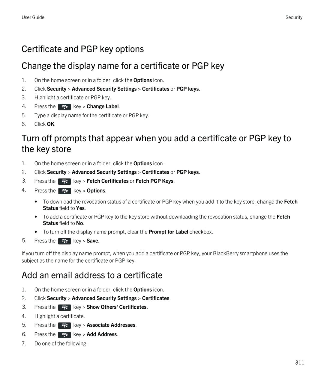 Blackberry REX41GW manual Add an email address to a certificate, Press the key Associate Addresses 