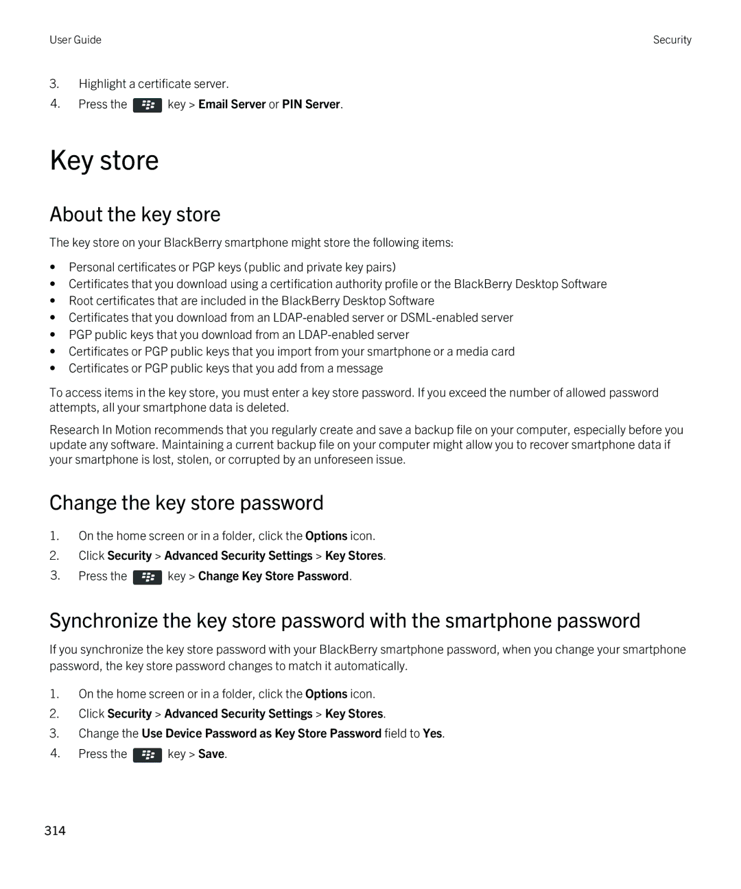 Blackberry REX41GW Key store, About the key store, Change the key store password, Press the key Email Server or PIN Server 