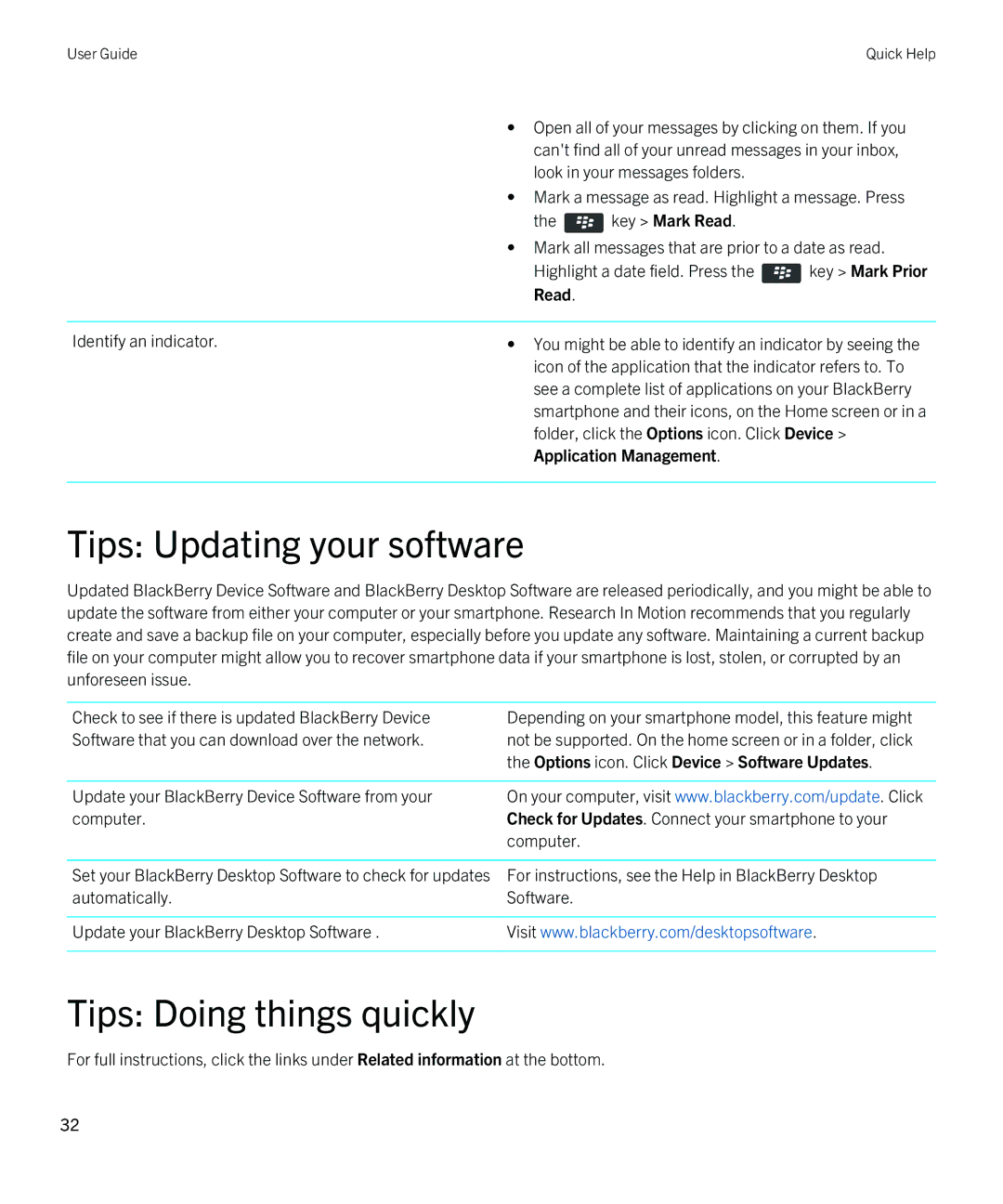 Blackberry REX41GW manual Tips Updating your software, Tips Doing things quickly 