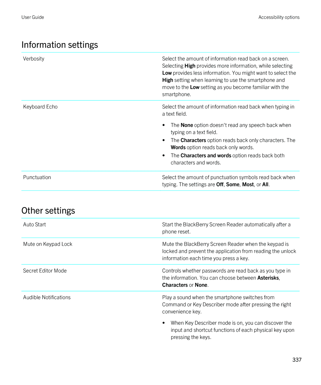 Blackberry REX41GW manual Information settings, Other settings, Characters or None 