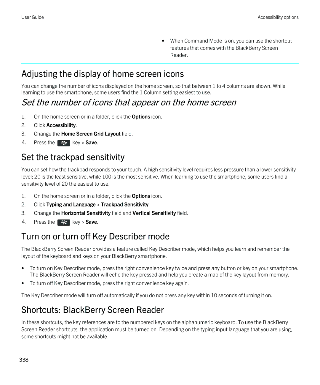 Blackberry REX41GW manual Adjusting the display of home screen icons, Set the trackpad sensitivity 