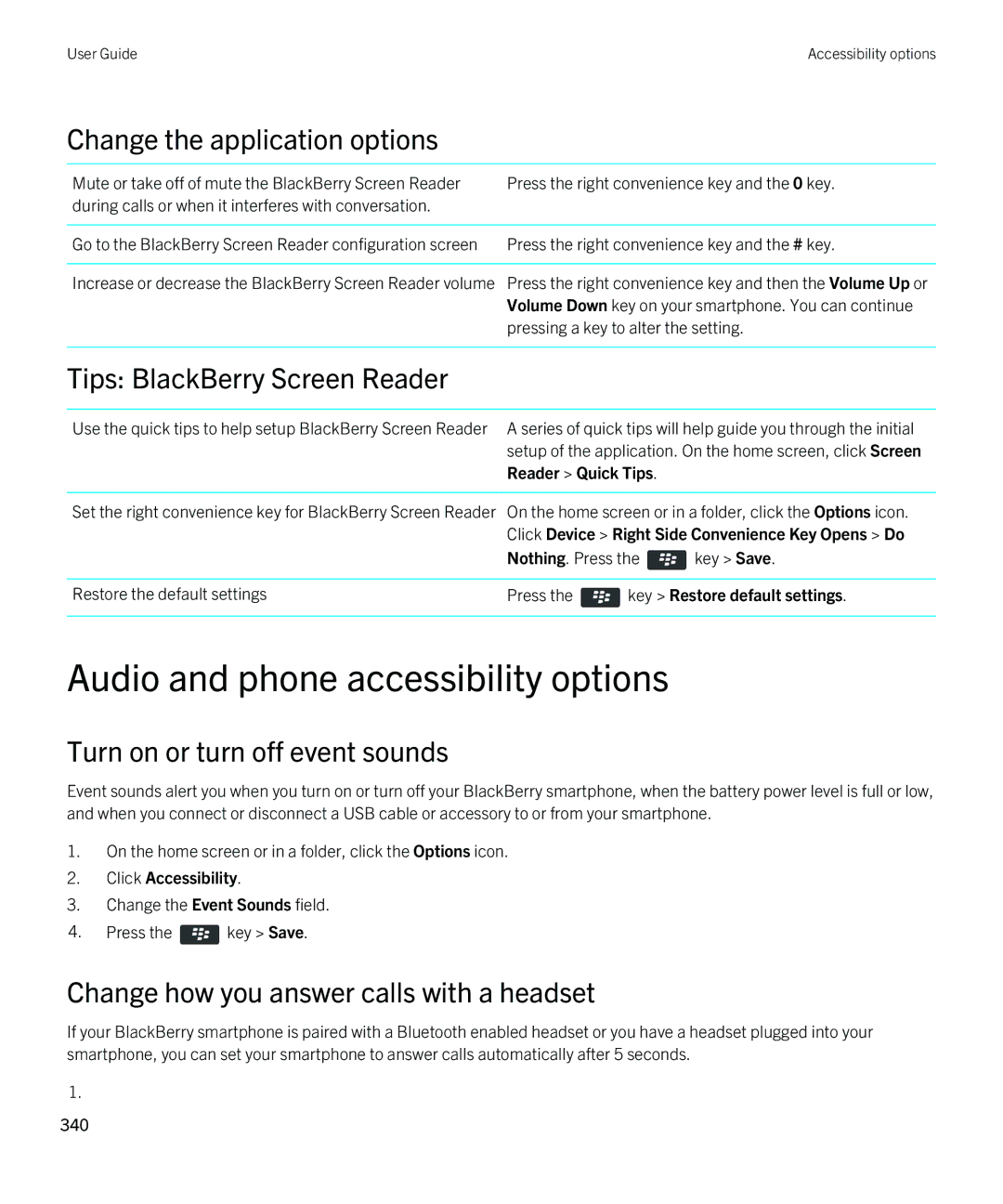 Blackberry REX41GW Audio and phone accessibility options, Change the application options, Tips BlackBerry Screen Reader 