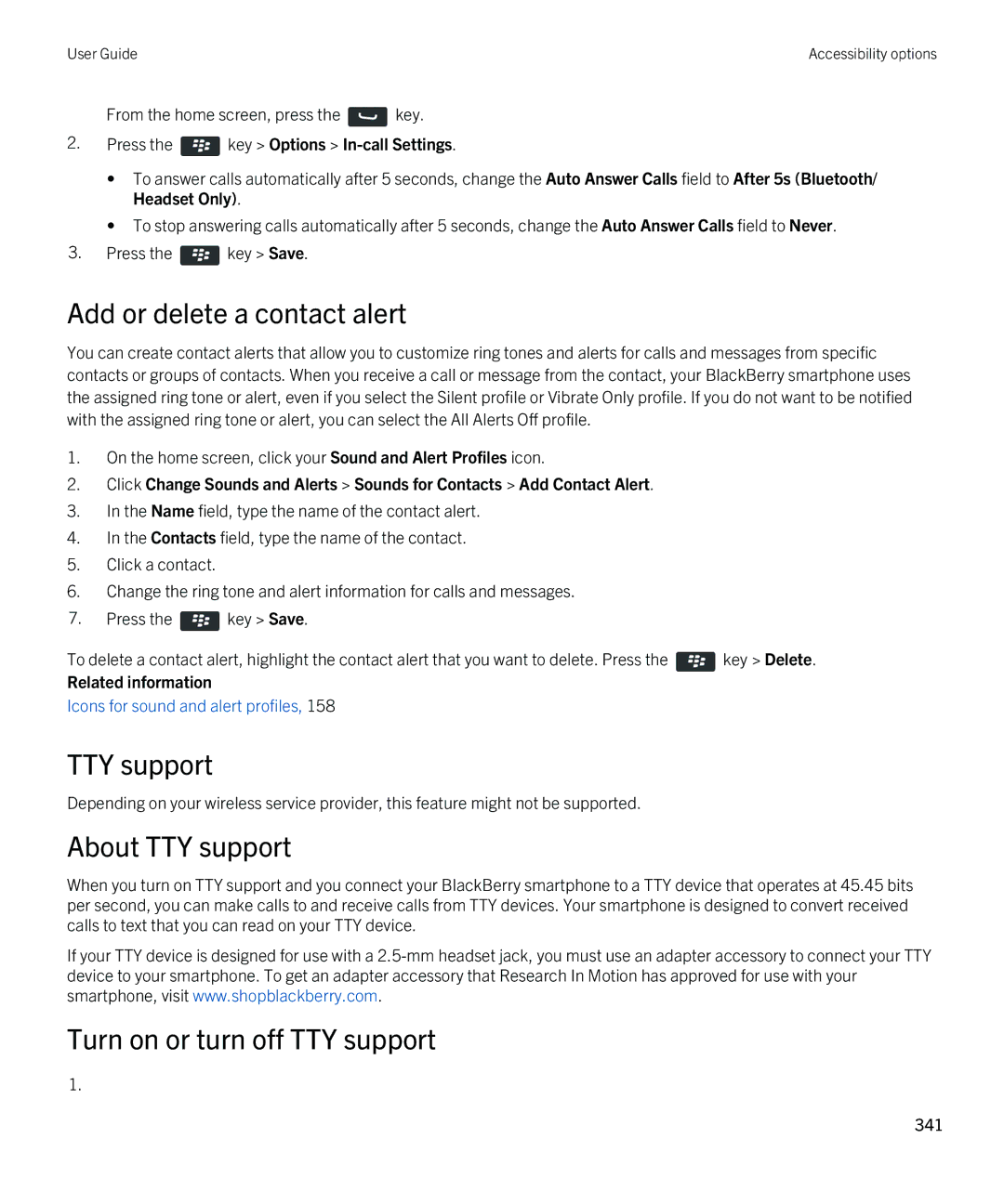 Blackberry REX41GW manual Add or delete a contact alert, TTY support 