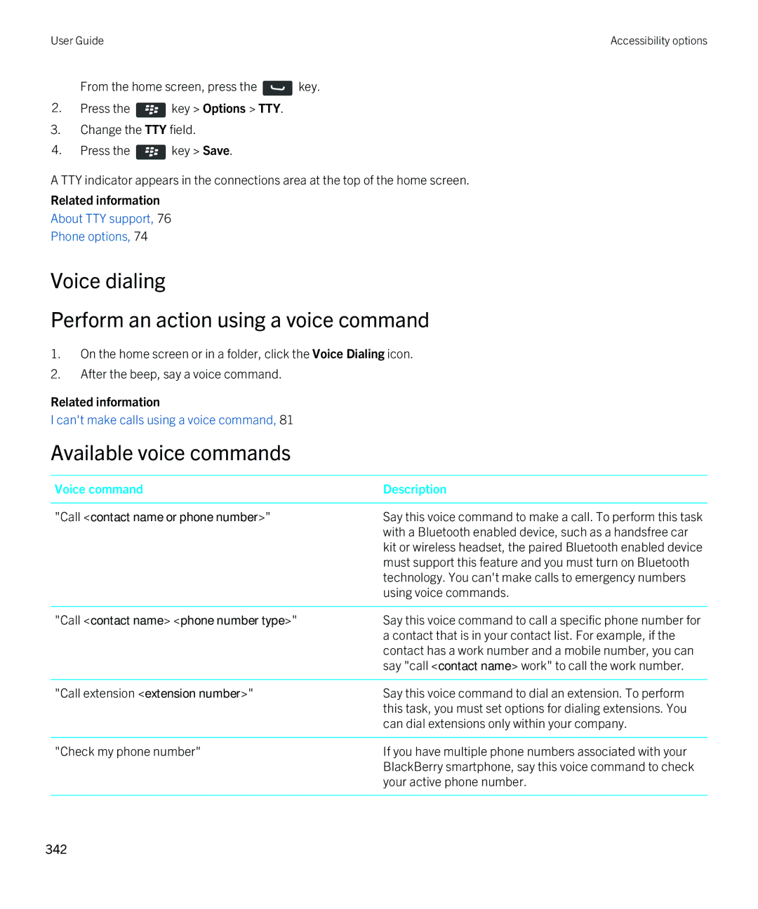 Blackberry REX41GW manual Voice dialing Perform an action using a voice command, Available voice commands 