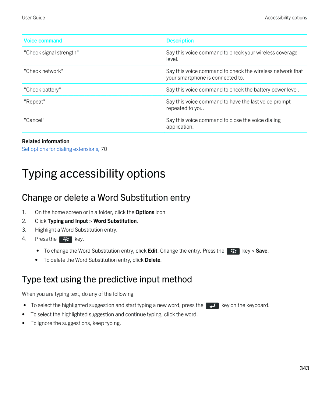 Blackberry REX41GW manual Typing accessibility options, Click Typing and Input Word Substitution 