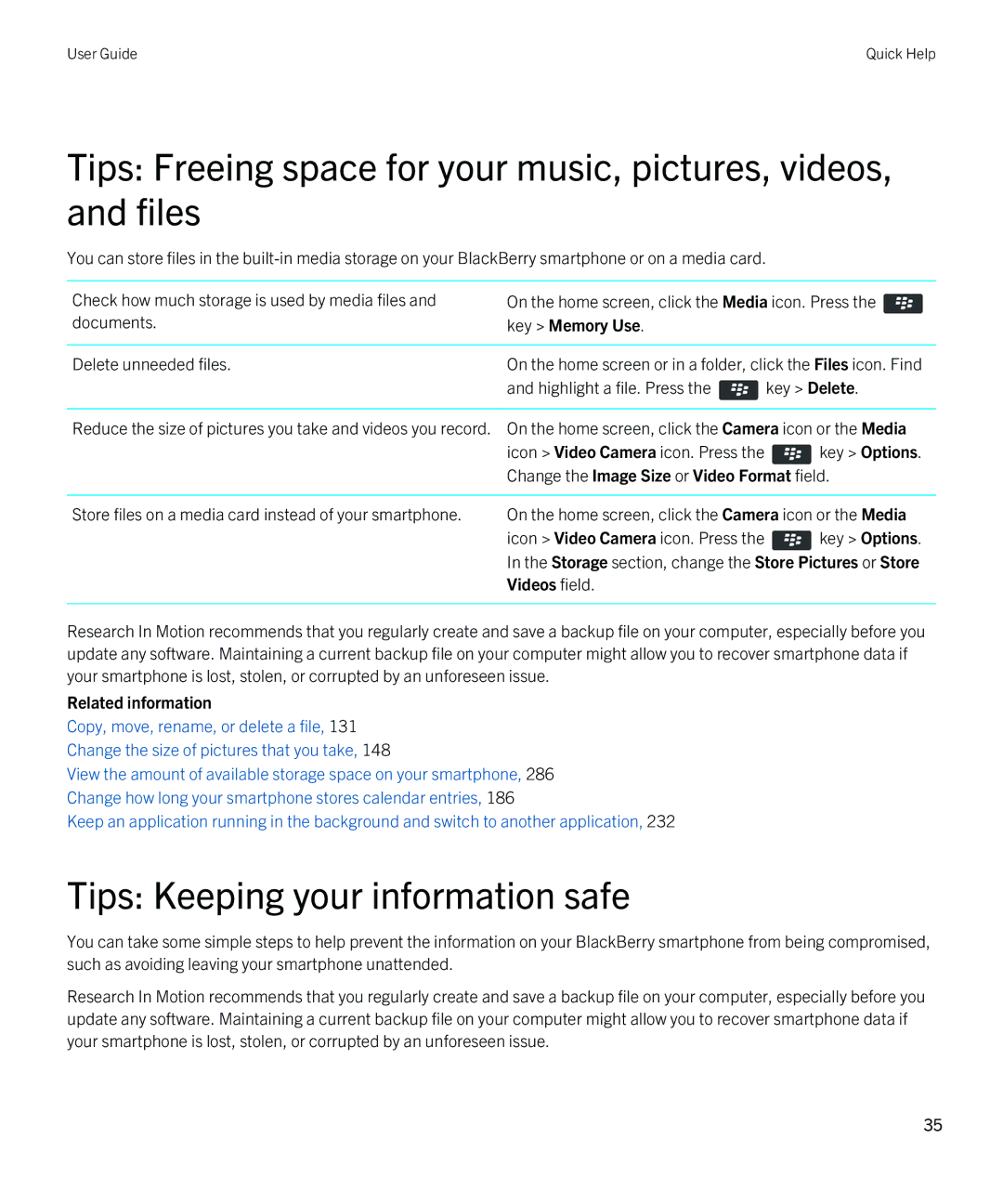 Blackberry REX41GW manual Tips Keeping your information safe, Key Memory Use, Change the Image Size or Video Format field 