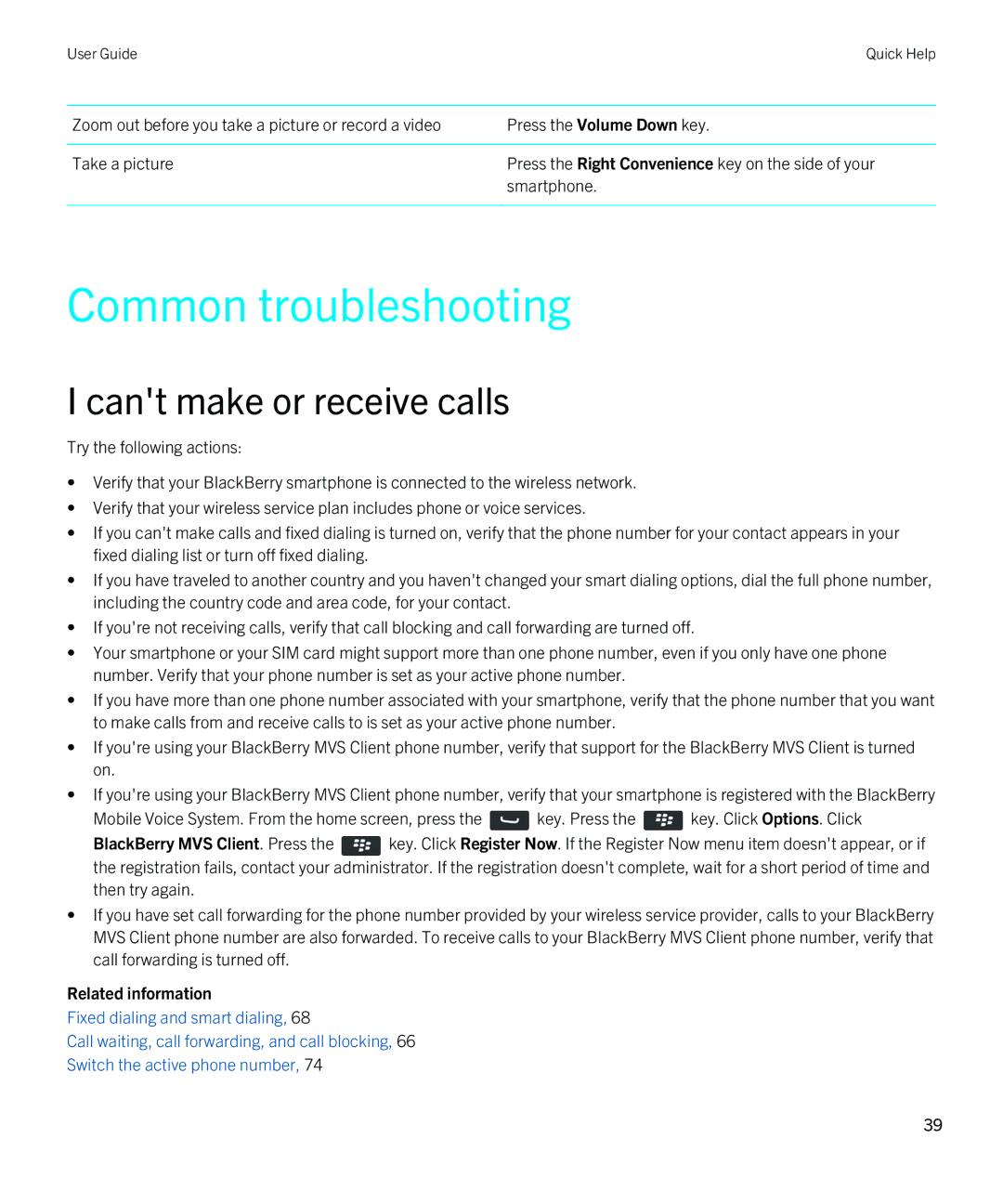 Blackberry REX41GW manual Common troubleshooting, Cant make or receive calls 