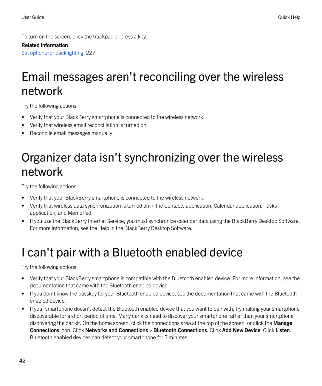 Blackberry REX41GW Email messages arent reconciling over the wireless network, Cant pair with a Bluetooth enabled device 