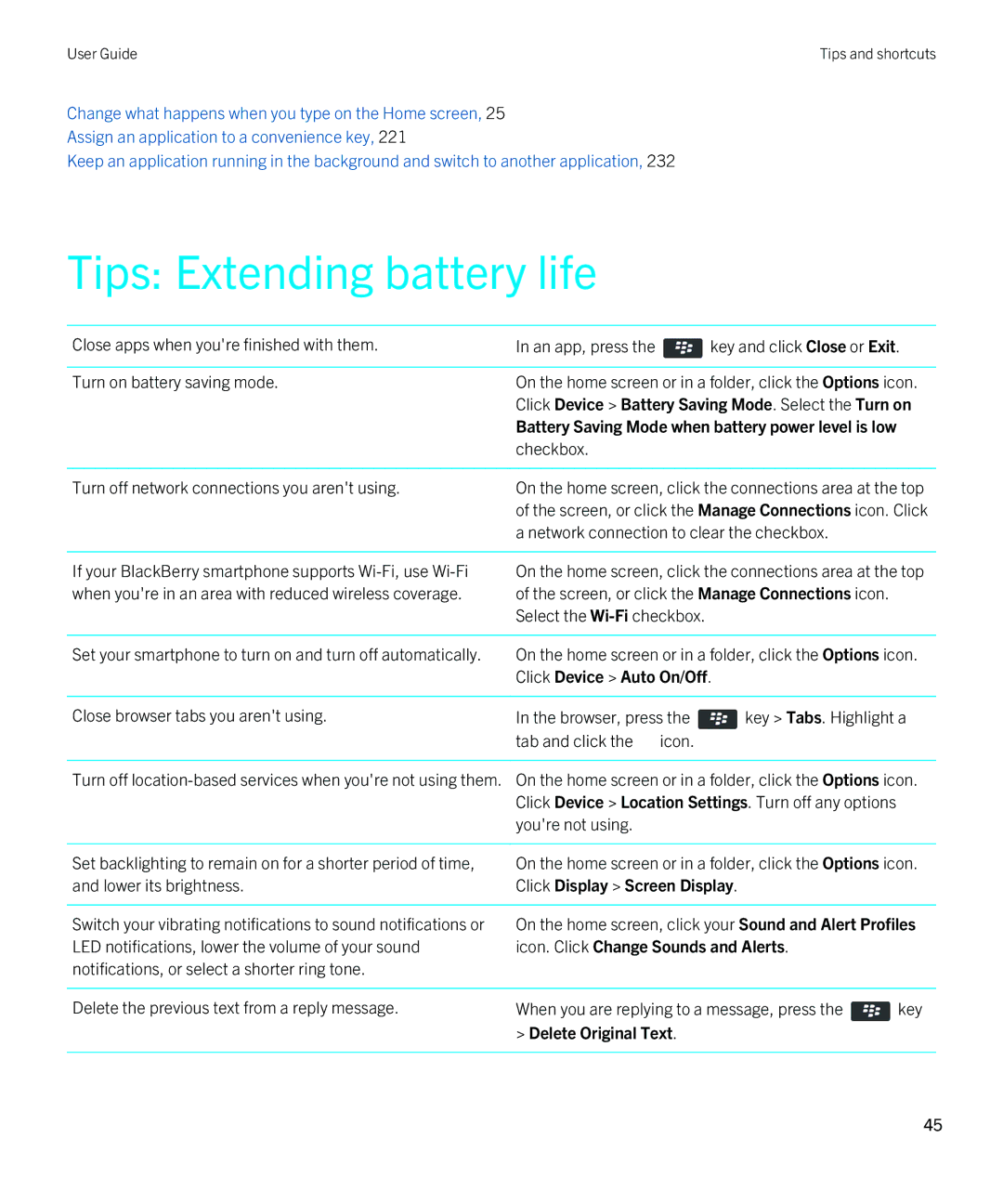 Blackberry REX41GW manual Tips Extending battery life, Battery Saving Mode when battery power level is low 