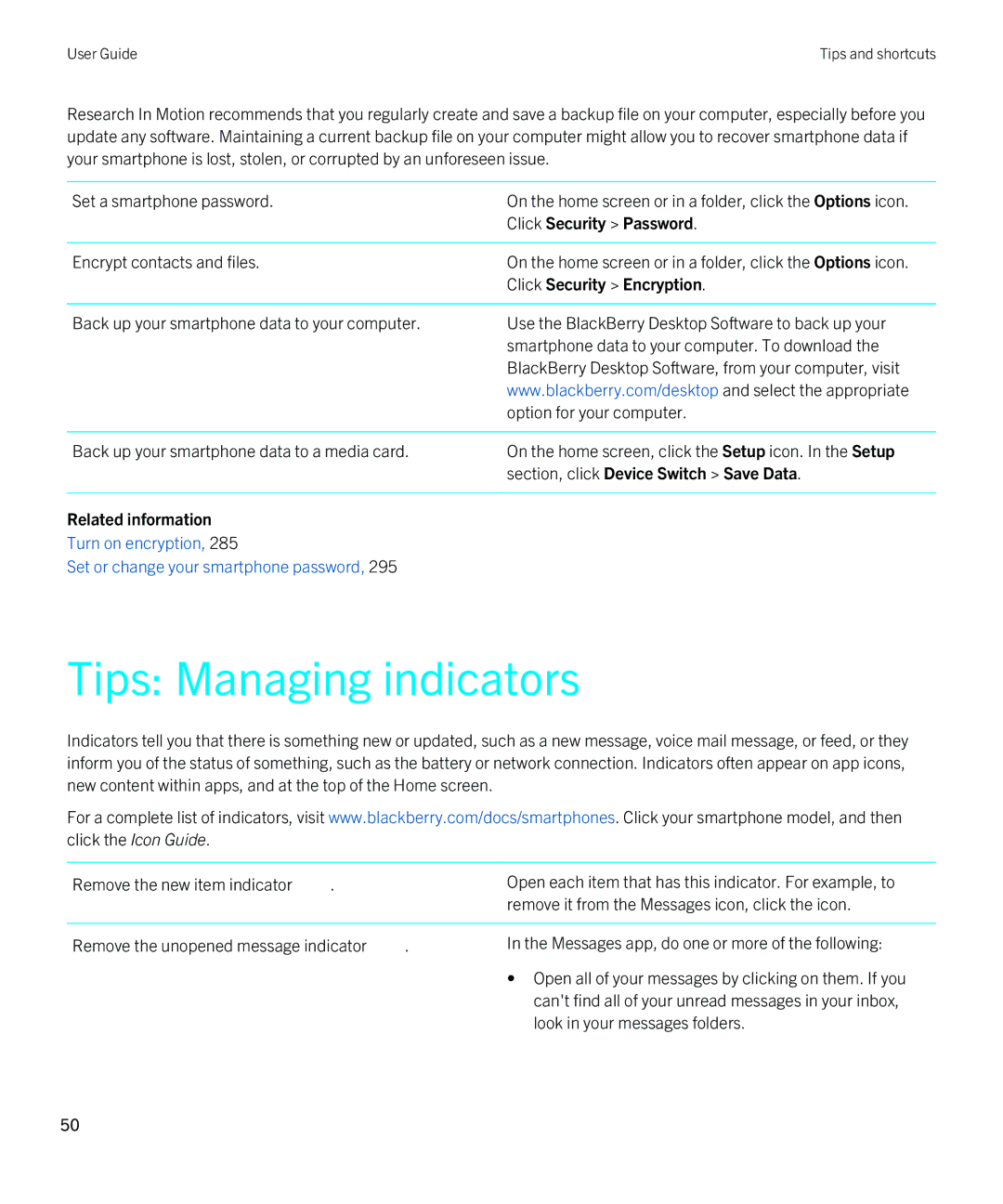 Blackberry REX41GW manual Tips Managing indicators, Click Security Password 