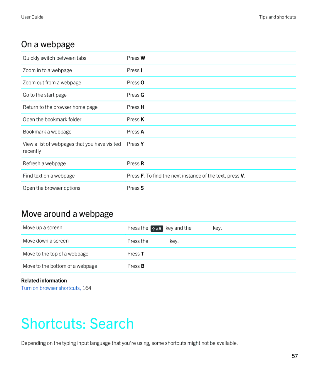 Blackberry REX41GW manual Shortcuts Search, On a webpage, Move around a webpage 