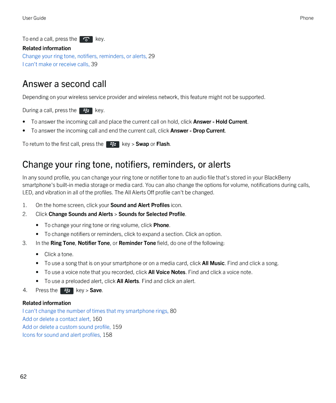 Blackberry REX41GW manual Answer a second call, Change your ring tone, notifiers, reminders, or alerts 