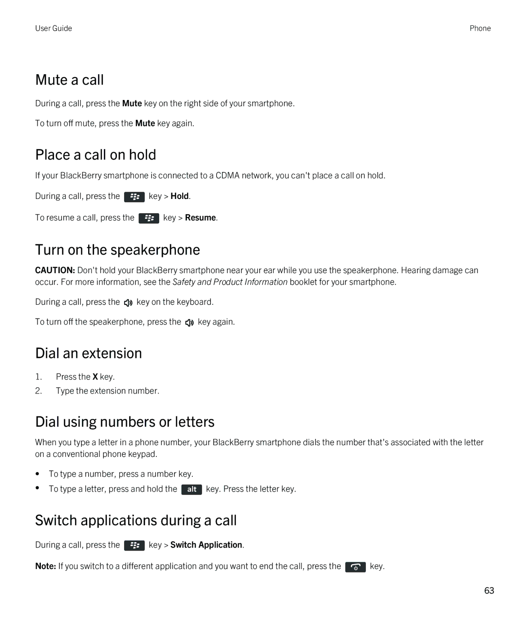 Blackberry REX41GW manual Mute a call, Place a call on hold, Turn on the speakerphone, Dial an extension 