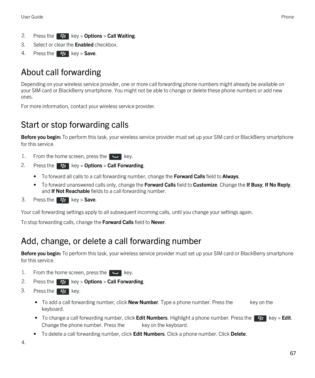 Blackberry REX41GW About call forwarding, Start or stop forwarding calls, Add, change, or delete a call forwarding number 