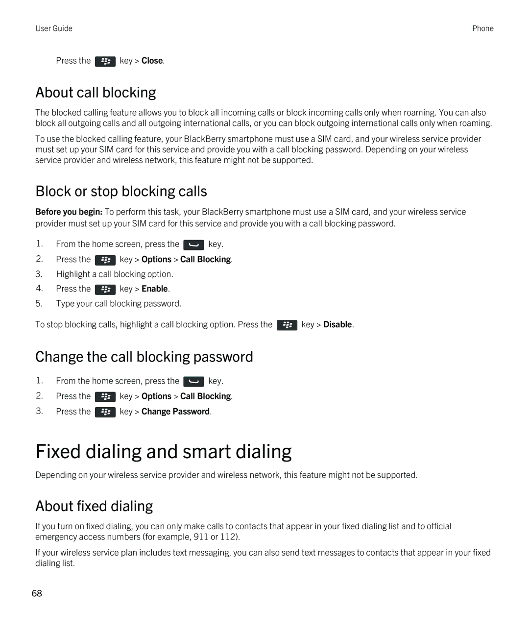 Blackberry REX41GW Fixed dialing and smart dialing, About call blocking, Block or stop blocking calls, About fixed dialing 