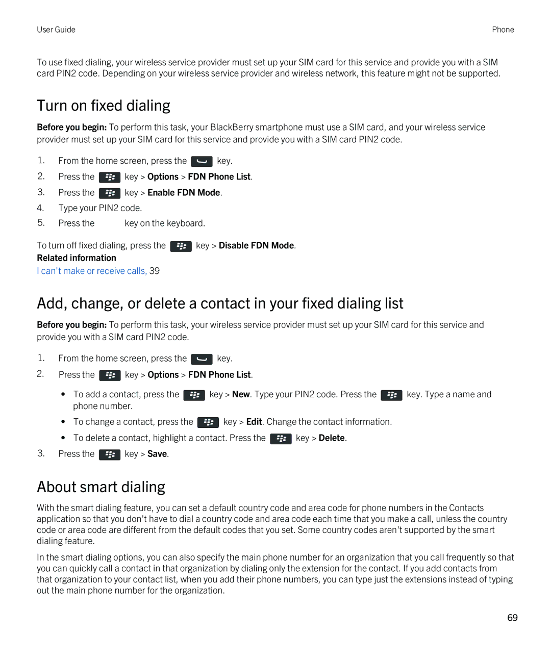 Blackberry REX41GW Turn on fixed dialing, Add, change, or delete a contact in your fixed dialing list, About smart dialing 