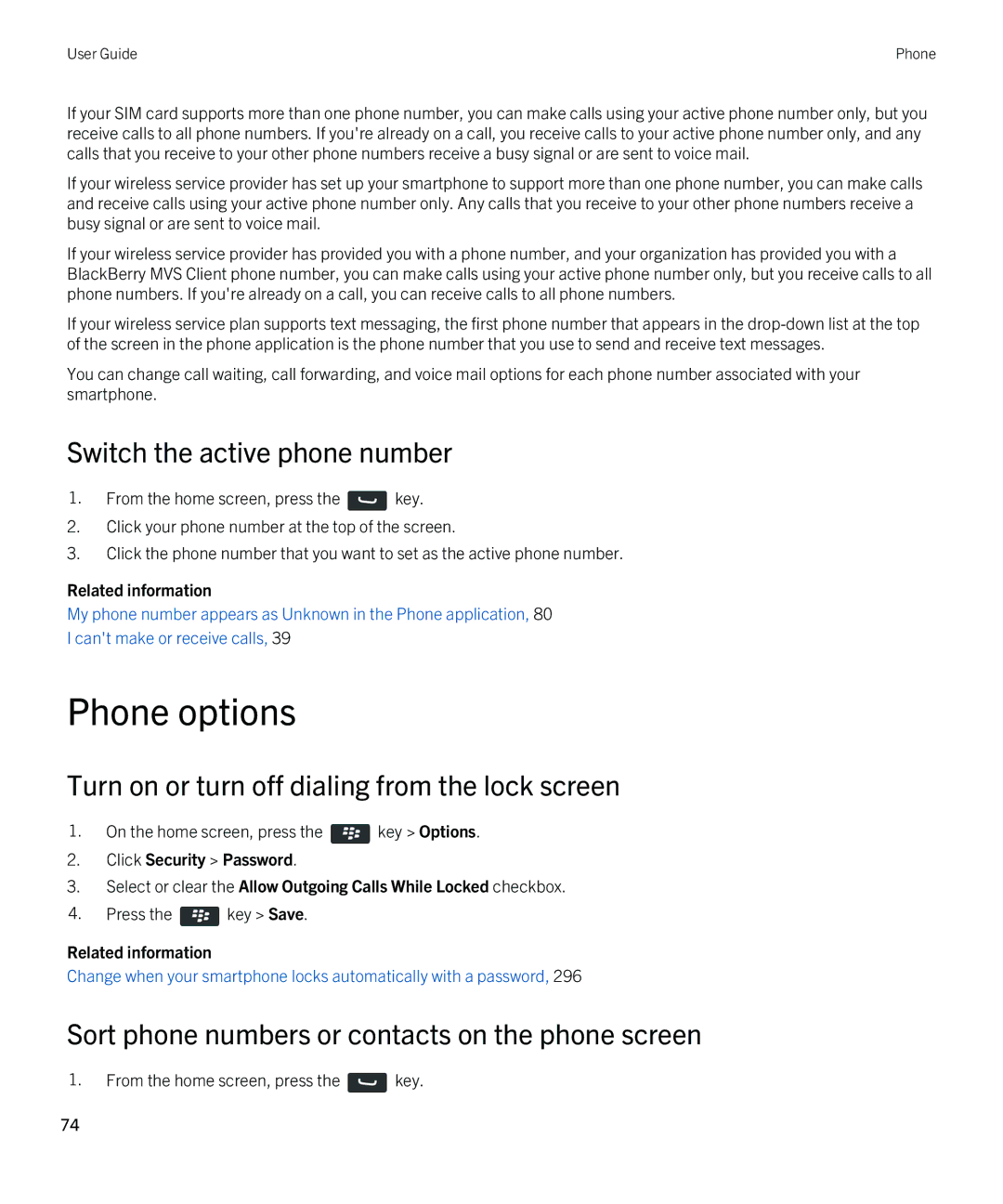 Blackberry REX41GW manual Phone options, Switch the active phone number, Turn on or turn off dialing from the lock screen 