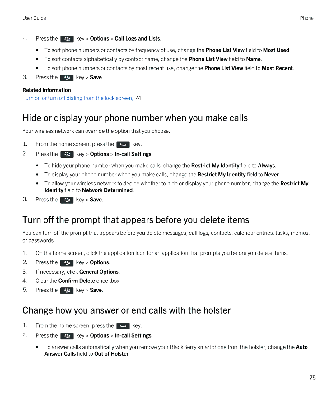 Blackberry REX41GW manual Hide or display your phone number when you make calls, Press the key Options In-call Settings 