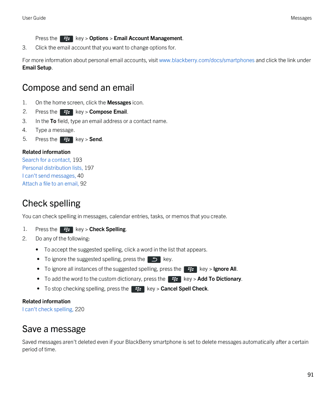 Blackberry REX41GW manual Compose and send an email, Check spelling, Save a message 