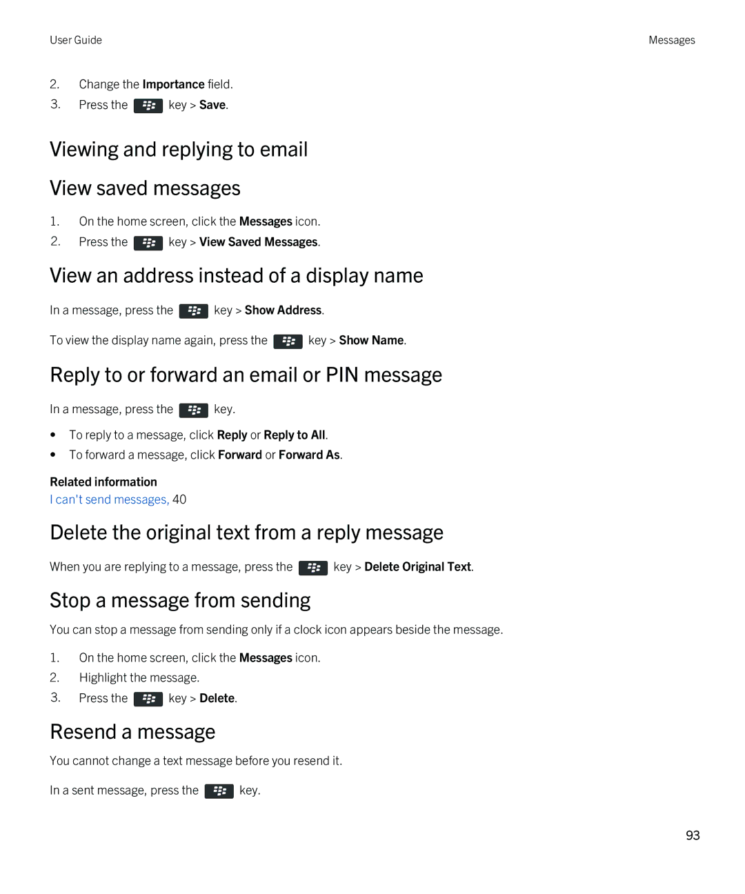 Blackberry REX41GW manual Viewing and replying to email View saved messages, View an address instead of a display name 
