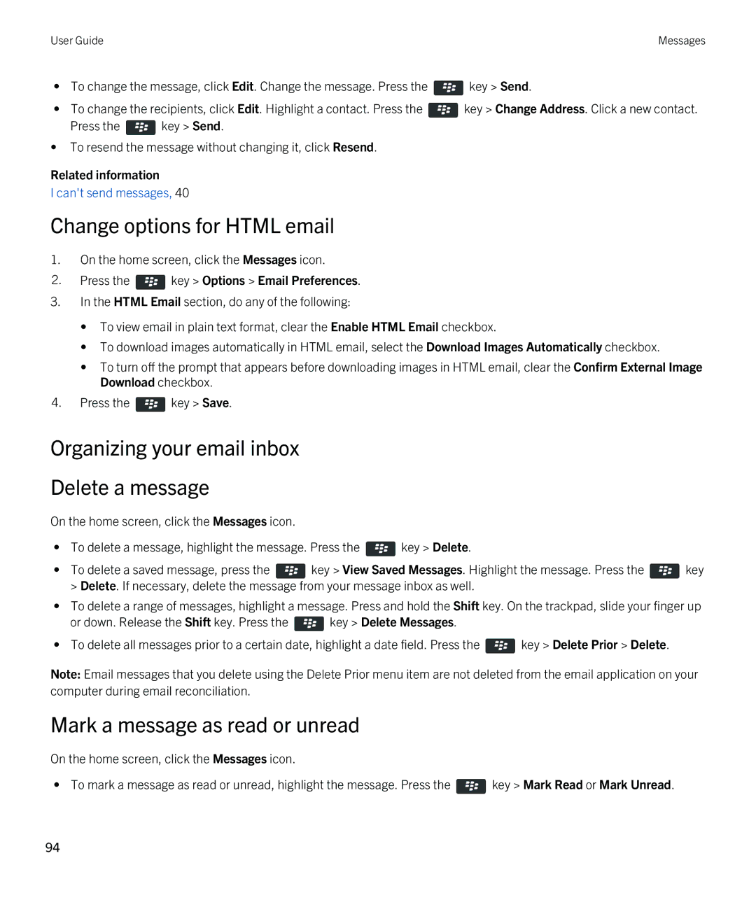 Blackberry REX41GW manual Change options for Html email, Organizing your email inbox Delete a message 