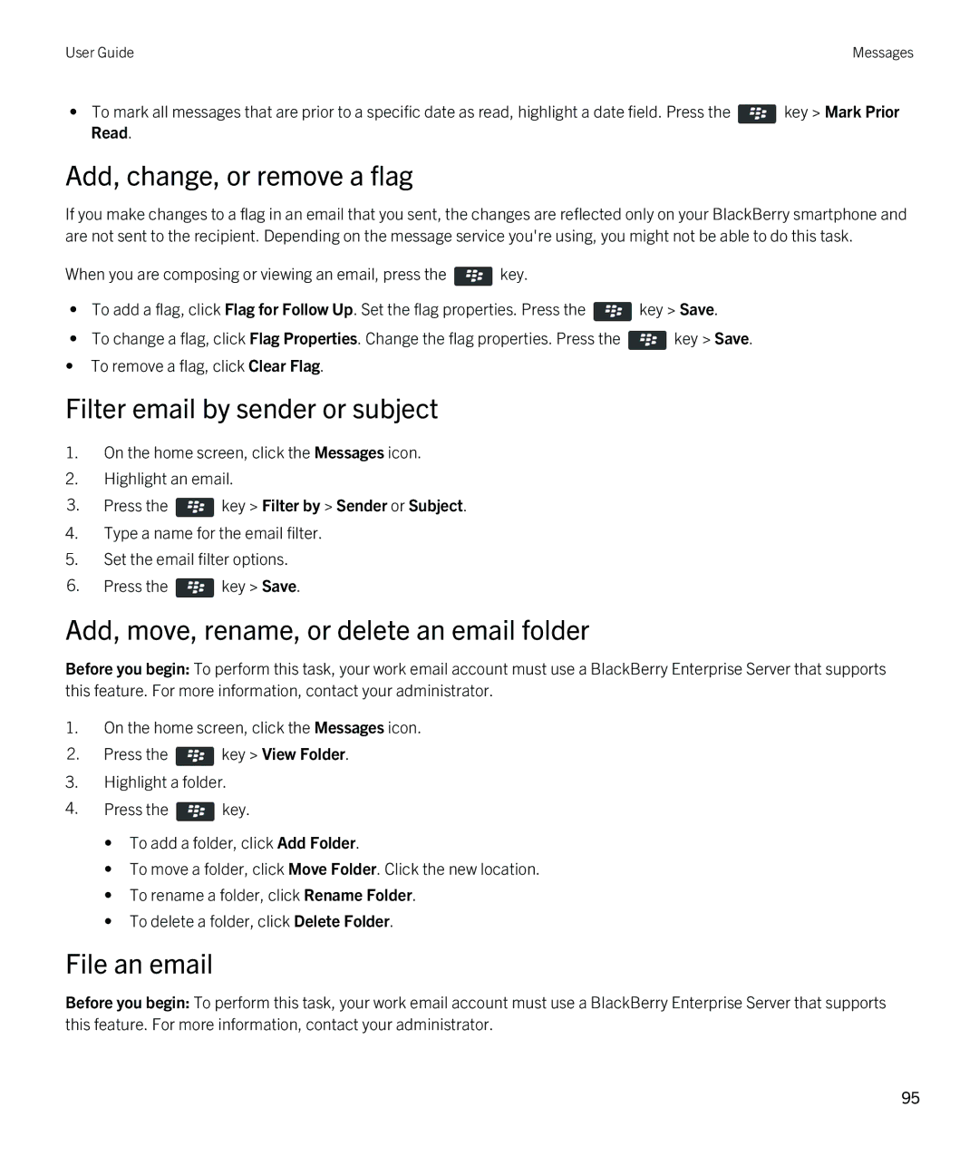 Blackberry REX41GW manual Add, change, or remove a flag, Filter email by sender or subject, File an email 