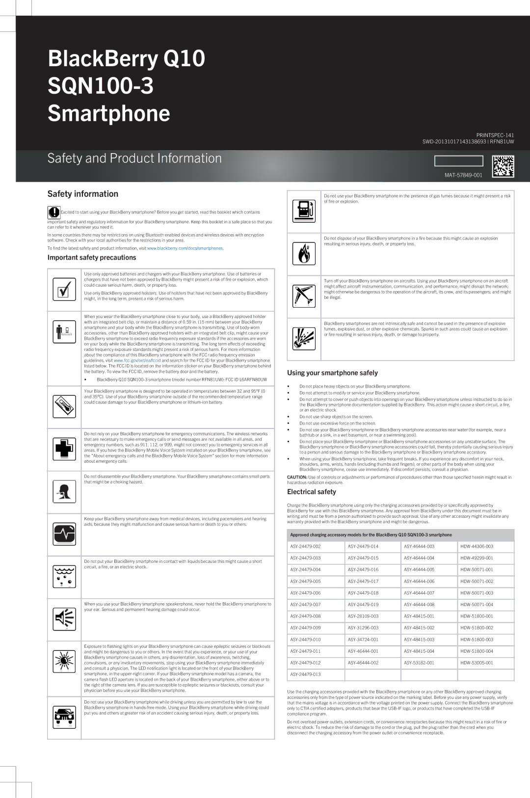 Blackberry sqn100-3 warranty Important safety precautions, Using your smartphone safely, Electrical safety 