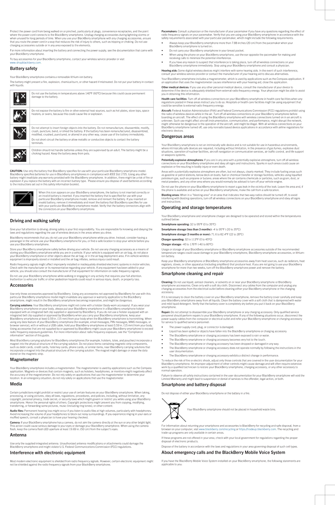 Blackberry sqn100-3 warranty Battery safety, Driving and walking safely, Accessories, Magnetometer, Media, Antenna 