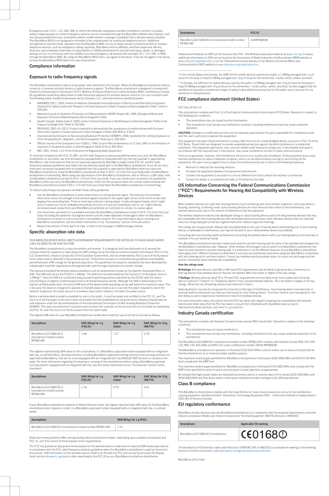 Blackberry sqn100-3 warranty Compliance information Exposure to radio frequency signals, Specific absorption rate data 