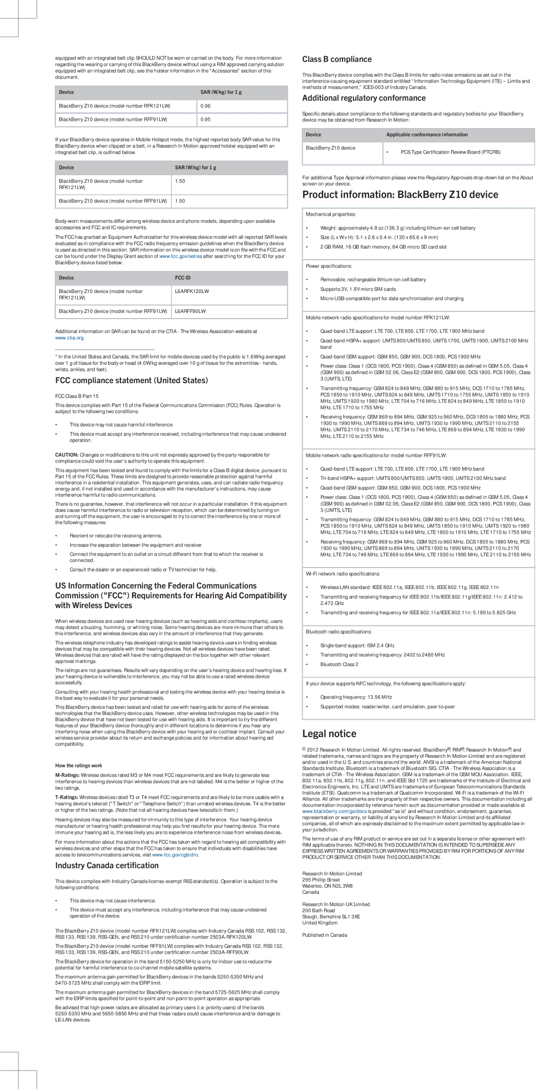 Blackberry STL100-3 warranty Product information BlackBerry Z10 device, Legal notice 